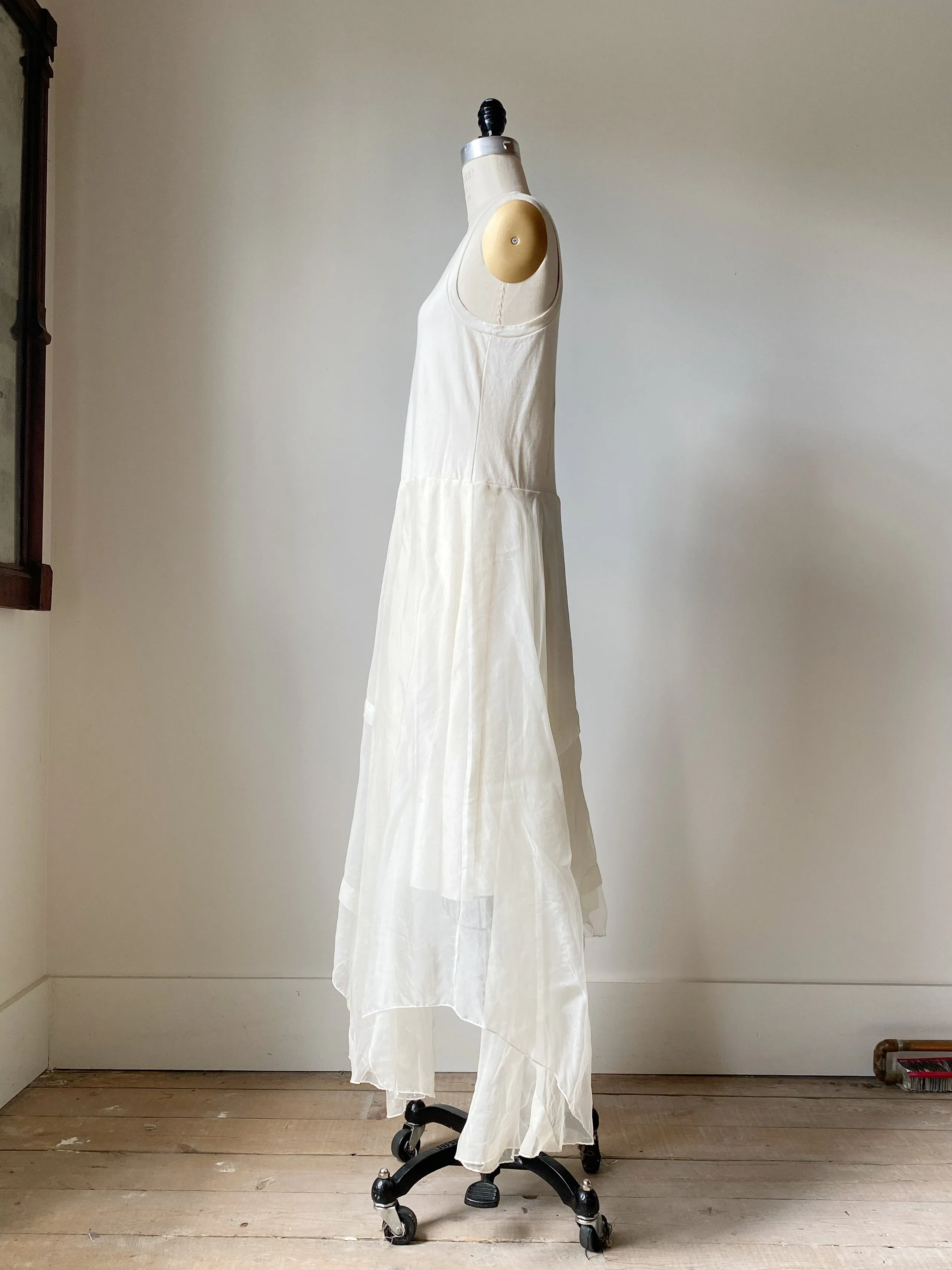 off white tank slip dress with organza pin tucked skirt