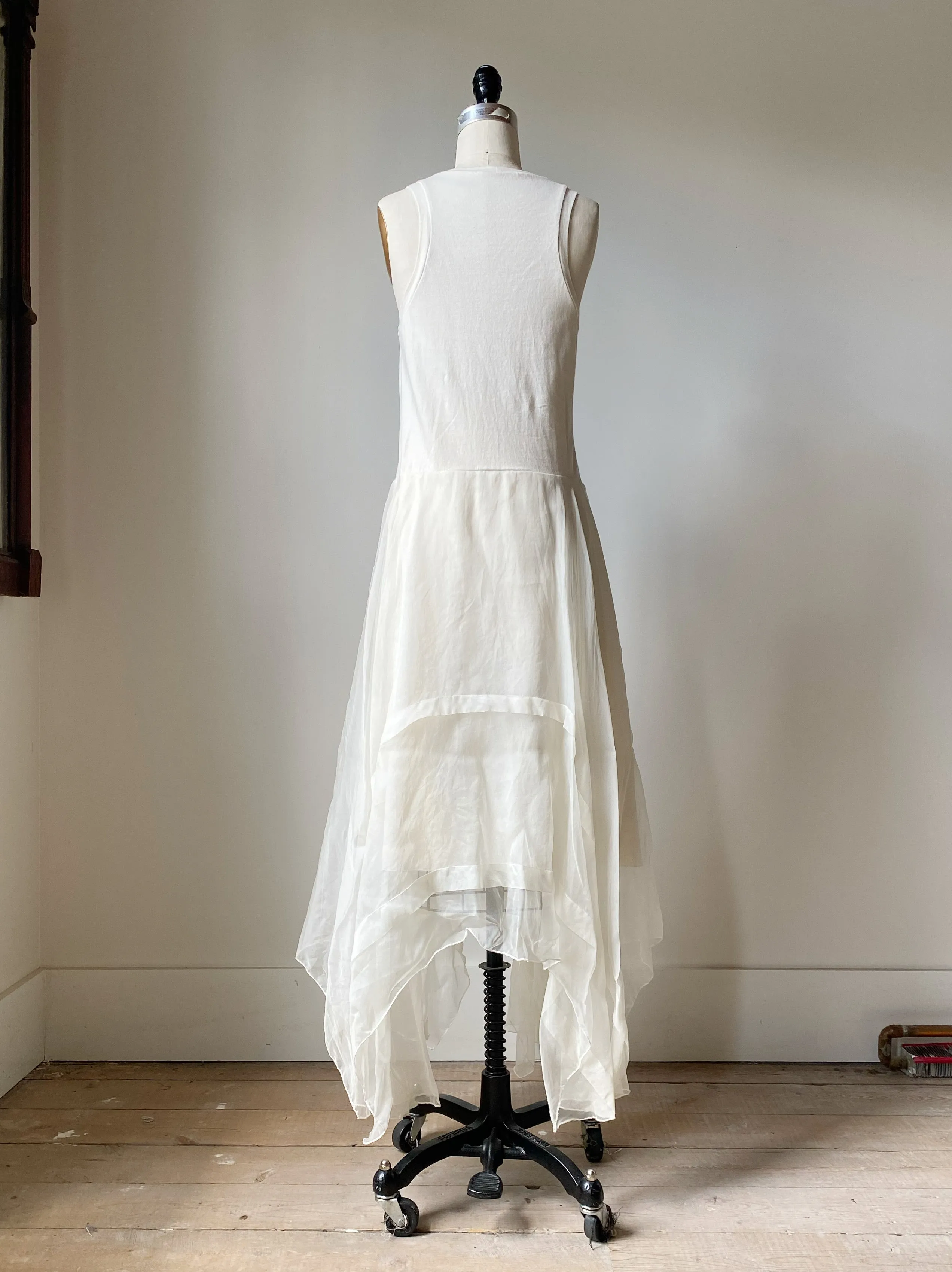 off white tank slip dress with organza pin tucked skirt