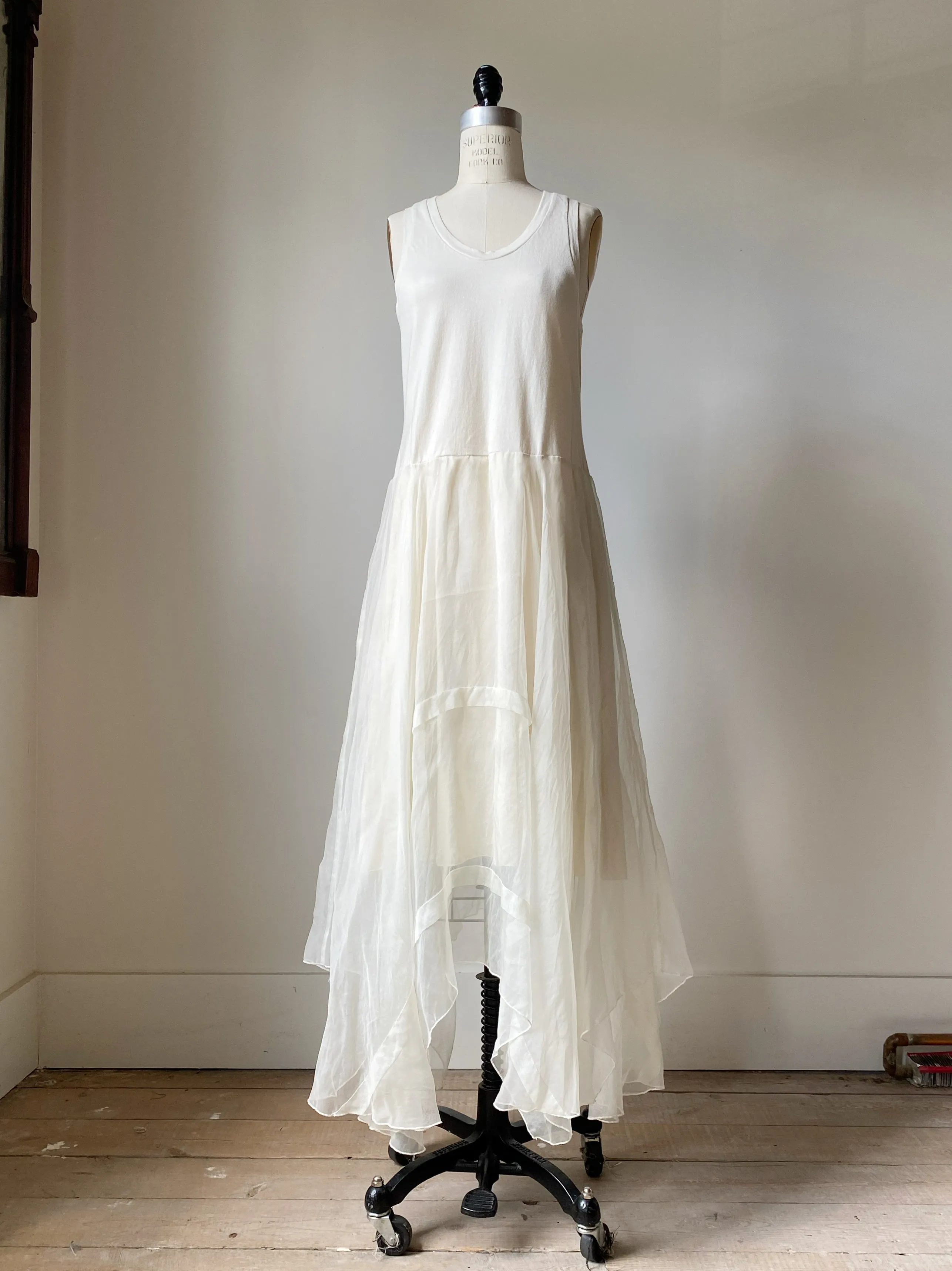 off white tank slip dress with organza pin tucked skirt