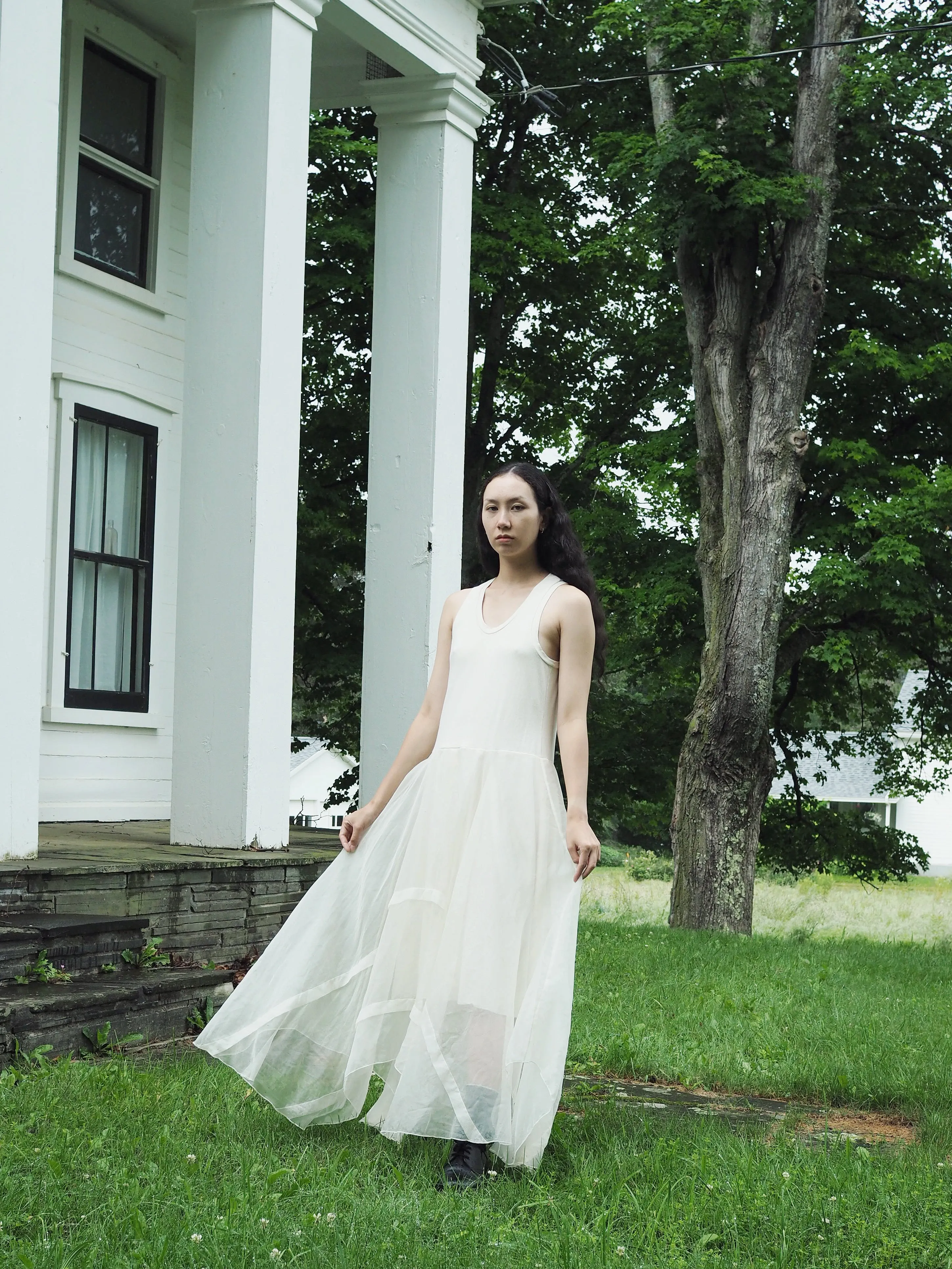 off white tank slip dress with organza pin tucked skirt