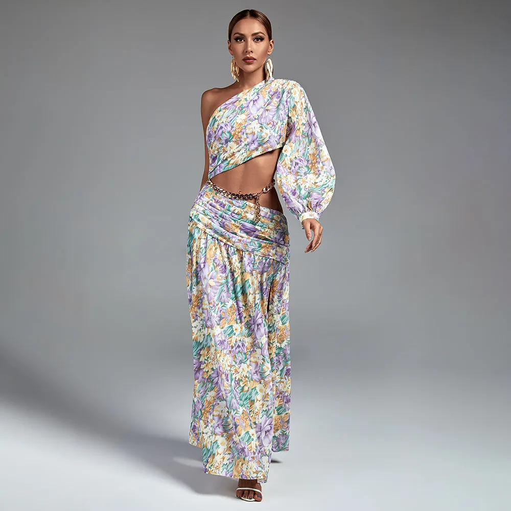 One Shoulder Chain Floral Maxi Dress