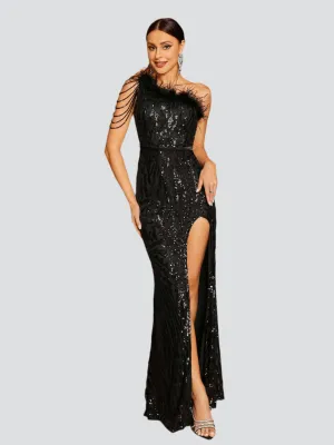 One Shoulder Feather Beads Chain Sequin Black Prom Dress M02337