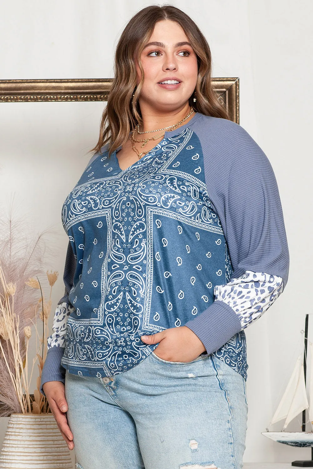 Paisley Split Neck Plus Size Top
