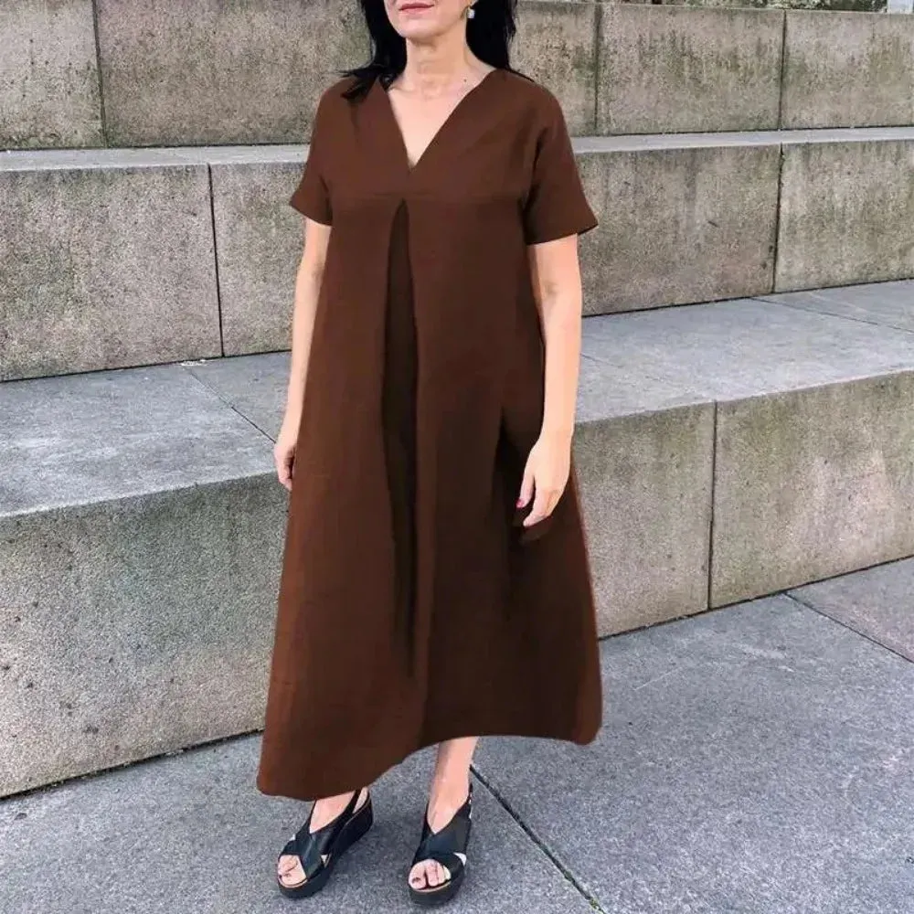 Plus Size Fashion Dress V-neck Solid Color Casual