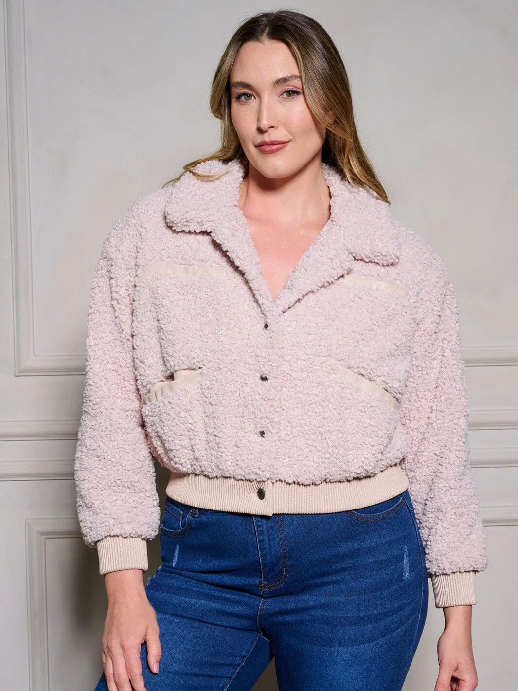 PLUS SIZE LONG SLEEVE BUTTON UP FRONT POCKETS SHERPA JACKET