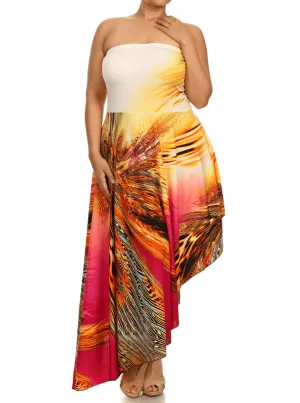 Plus Size Luring Peacock Print Hanky Hem Pink Dress