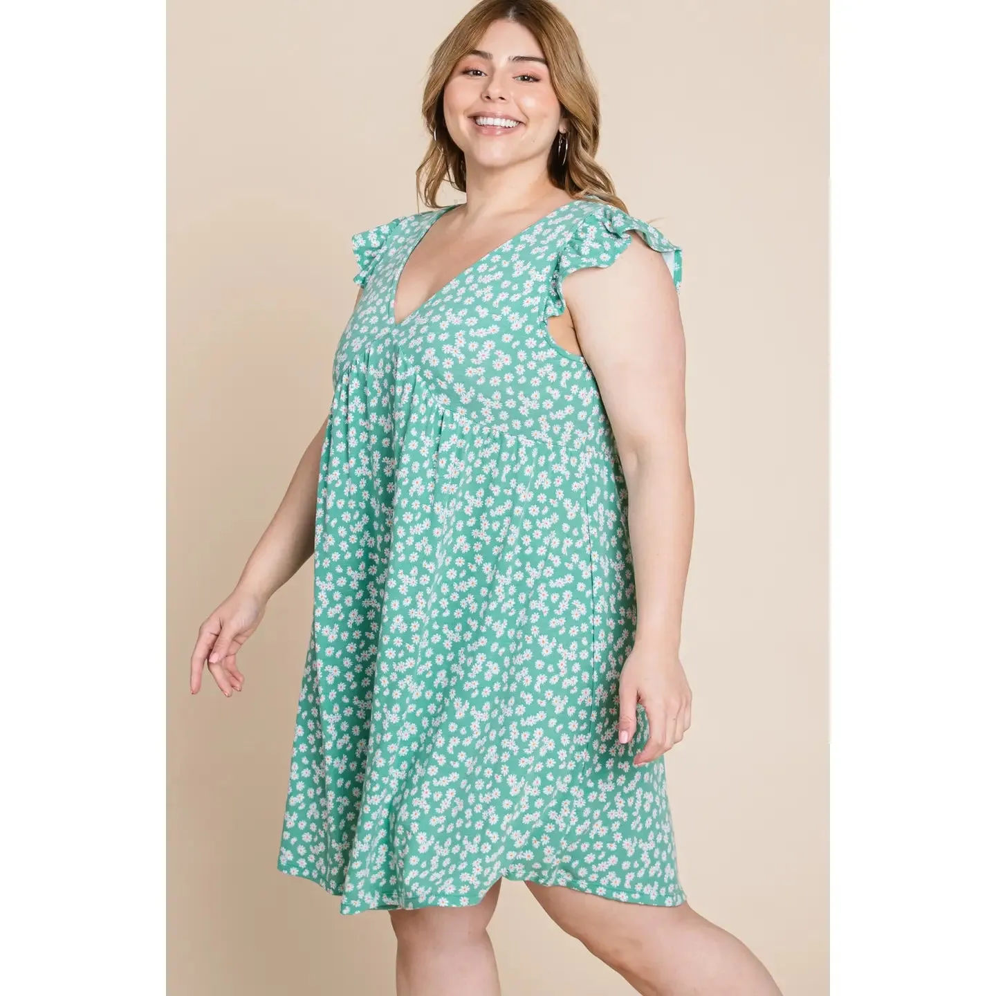 Plus Size Mini Floral Swing Dress-Green