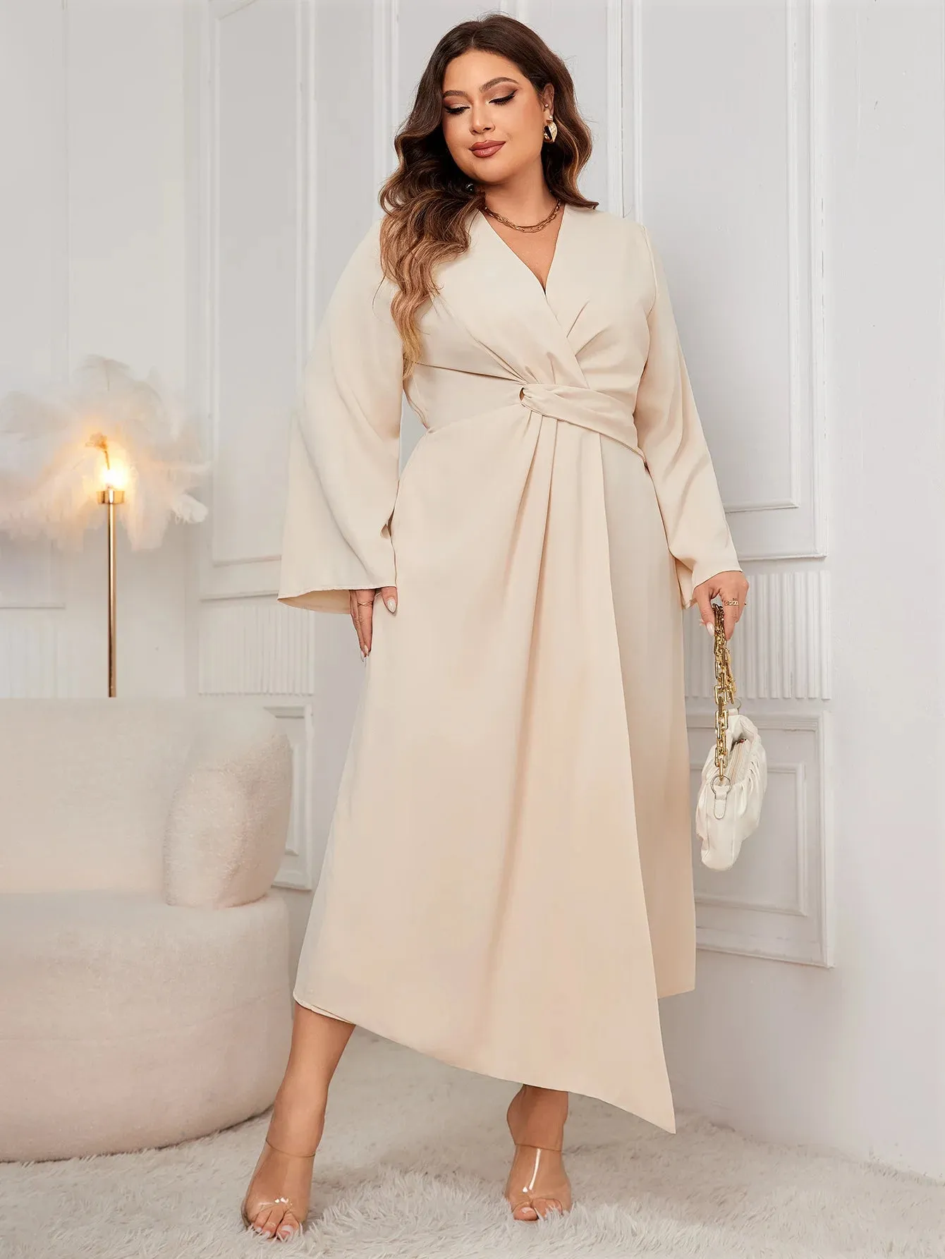 Plus Size Solid Color Dress V Neck Front Twist