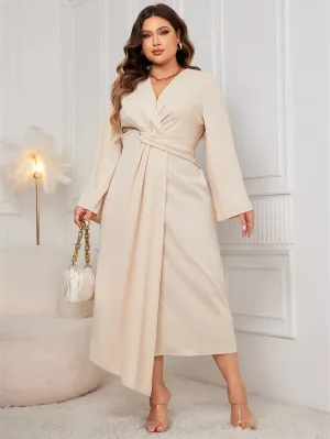 Plus Size Solid Color Dress V Neck Front Twist