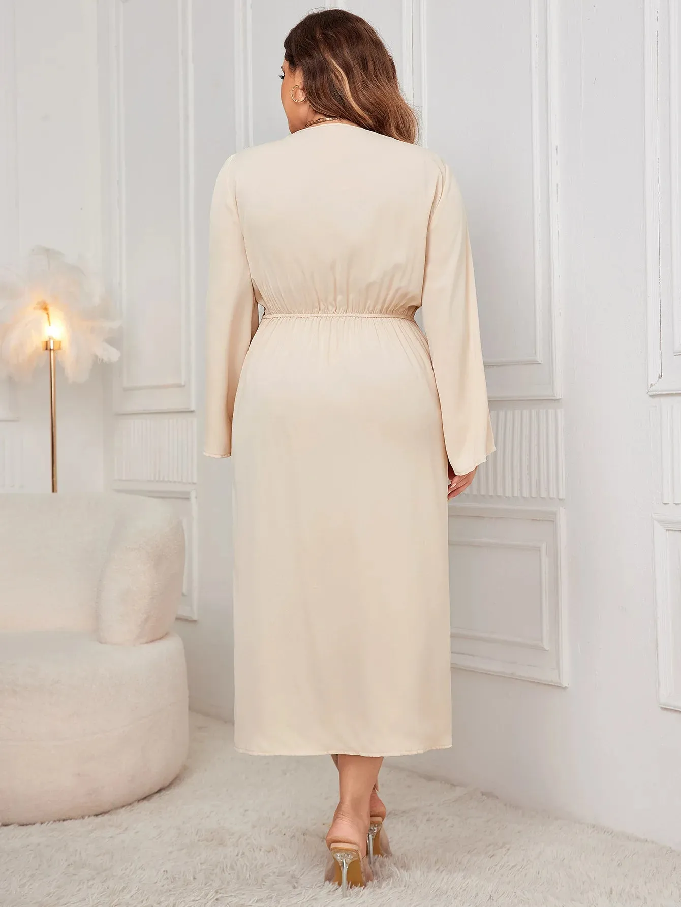 Plus Size Solid Color Dress V Neck Front Twist