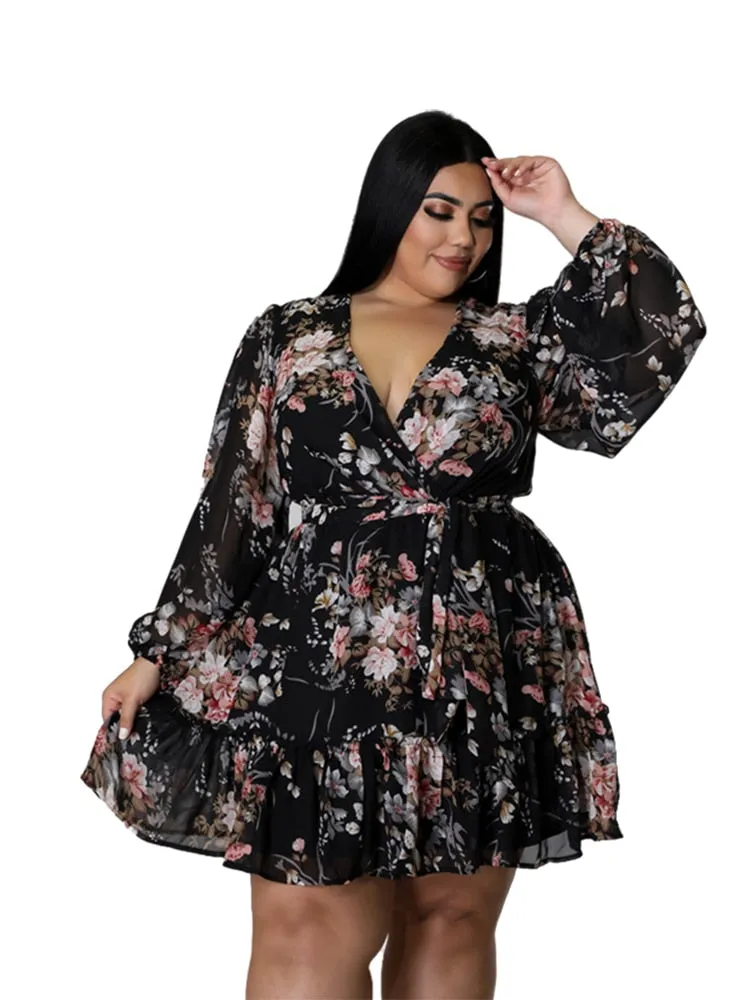 Plus Size Women Flower Print  V Neck  Out Long Sleeve Dress