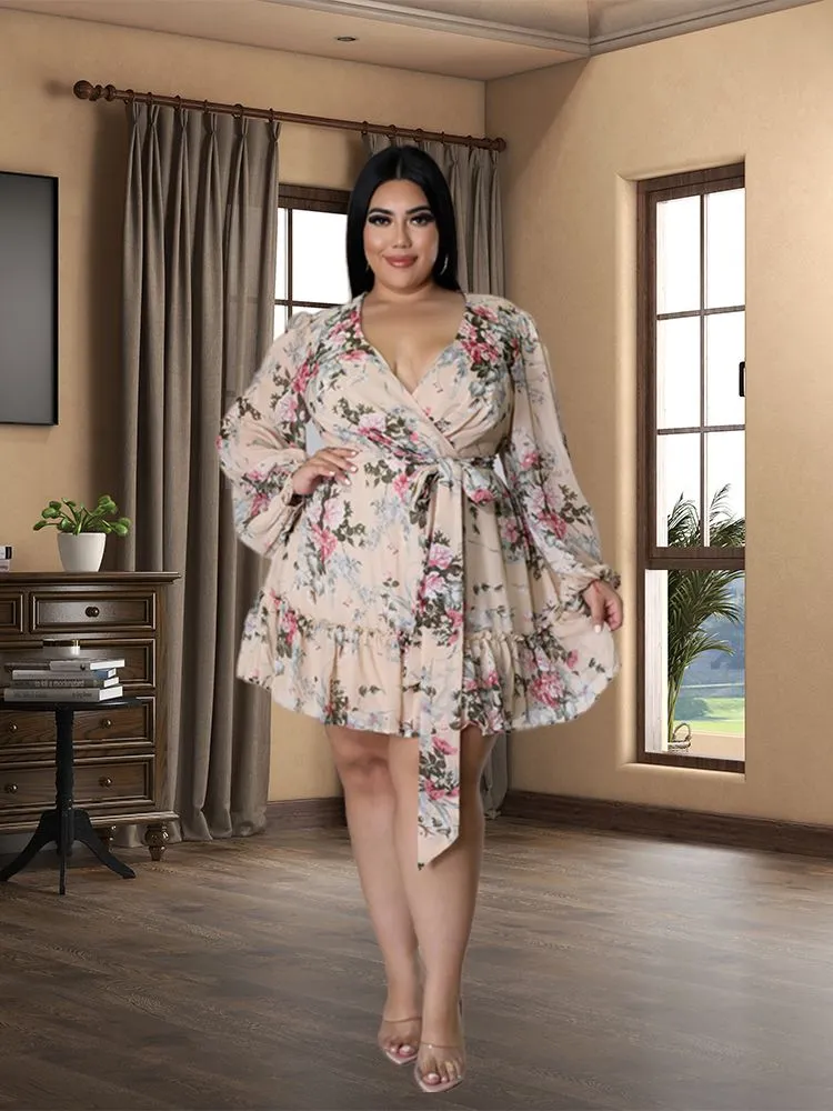 Plus Size Women Flower Print  V Neck  Out Long Sleeve Dress