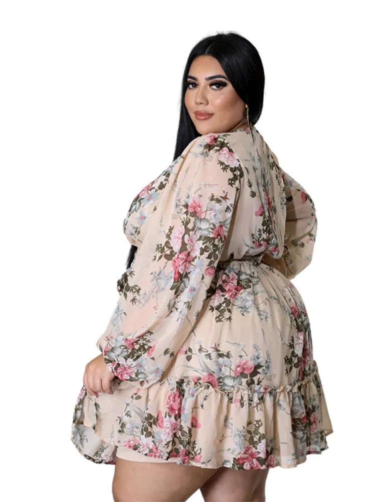 Plus Size Women Flower Print  V Neck  Out Long Sleeve Dress