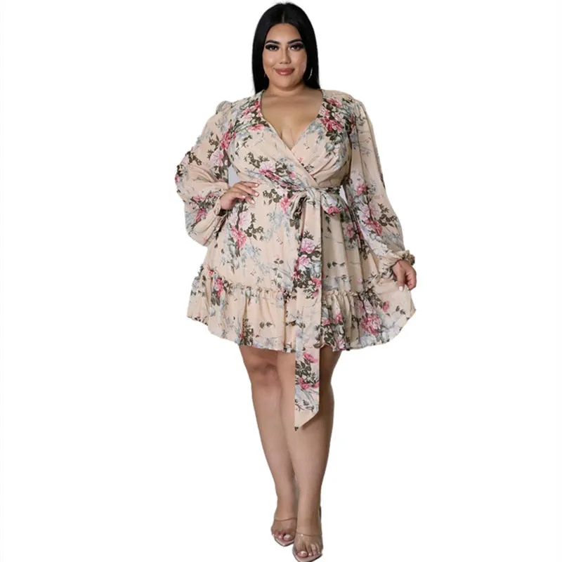 Plus Size Women Flower Print  V Neck  Out Long Sleeve Dress