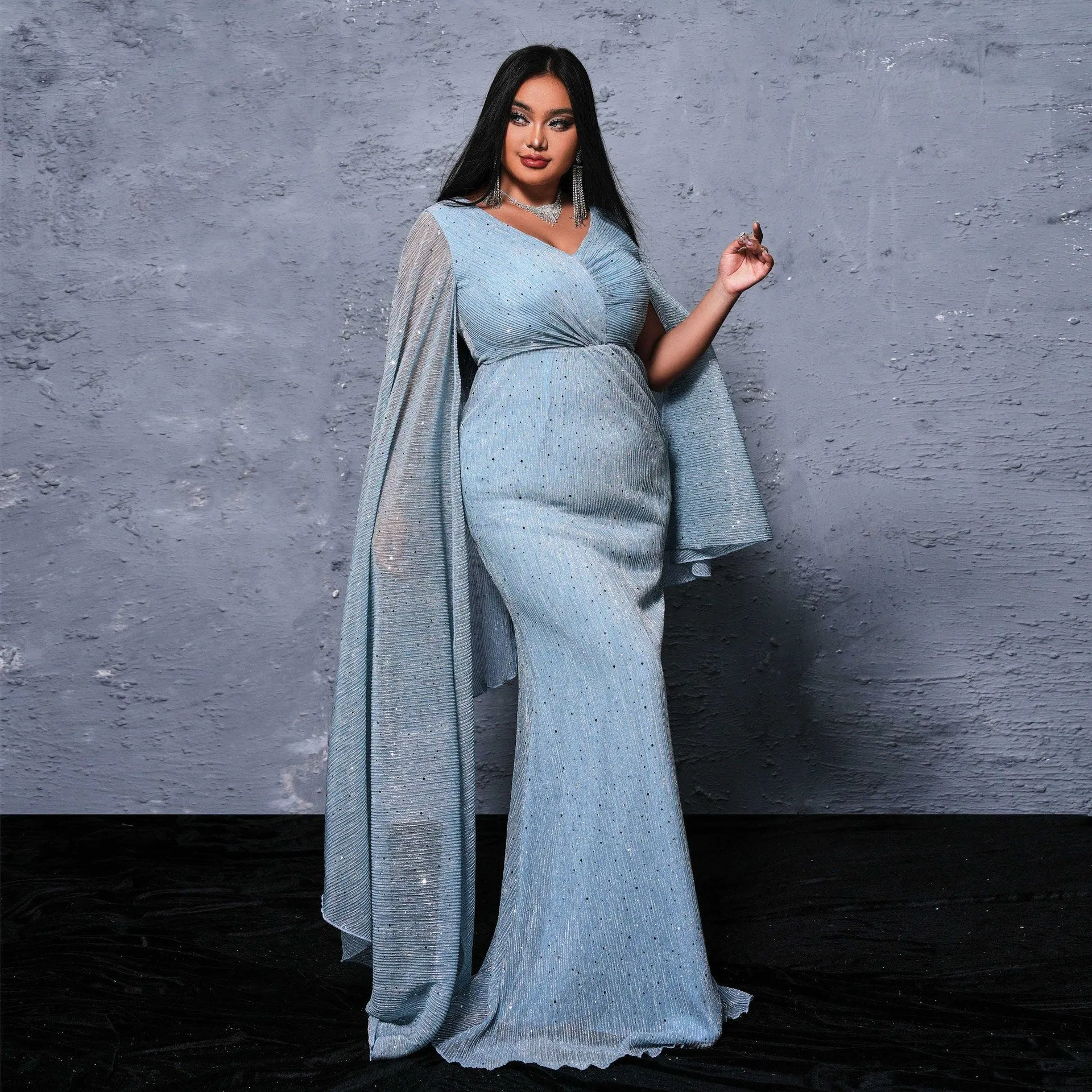 Plus Size Women Long Sleeve V Neck Cocktail Sequin Evening Dress