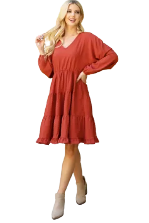 Plus Size Woven Puff Sleeve V Neck Elastic Waist Tiered Dress Rust - Pack of 6
