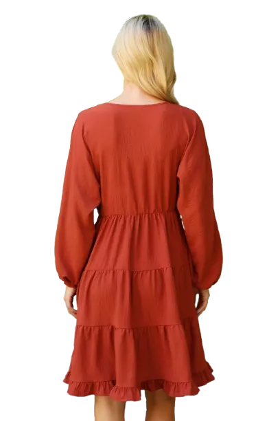 Plus Size Woven Puff Sleeve V Neck Elastic Waist Tiered Dress Rust - Pack of 6