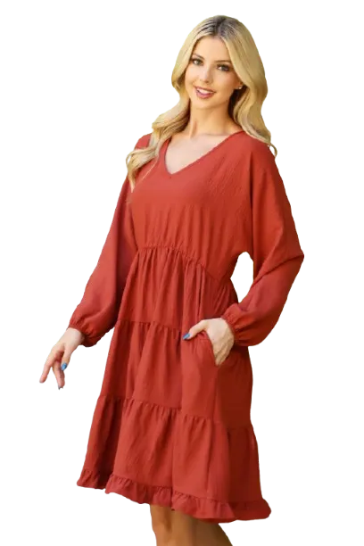 Plus Size Woven Puff Sleeve V Neck Elastic Waist Tiered Dress Rust - Pack of 6