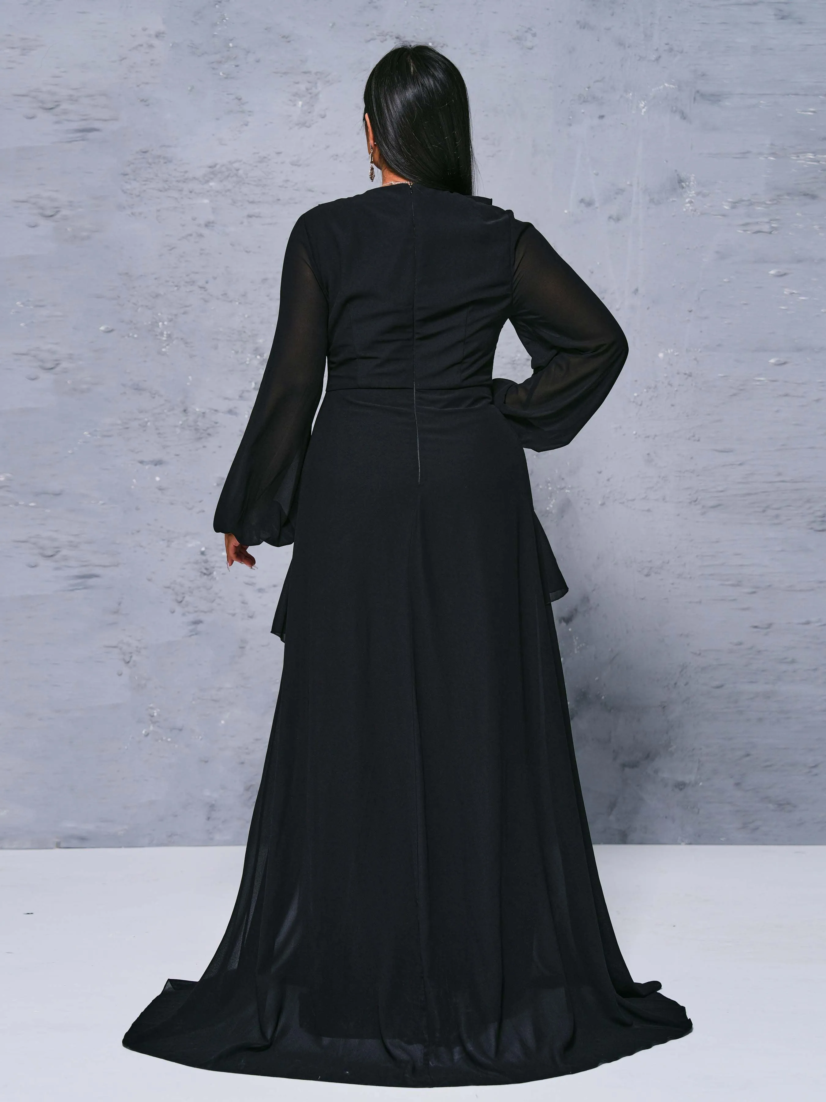 Plus V-neck Ruffled High Split Formal Dress PRH30615