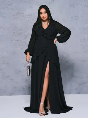 Plus V-neck Ruffled High Split Formal Dress PRH30615