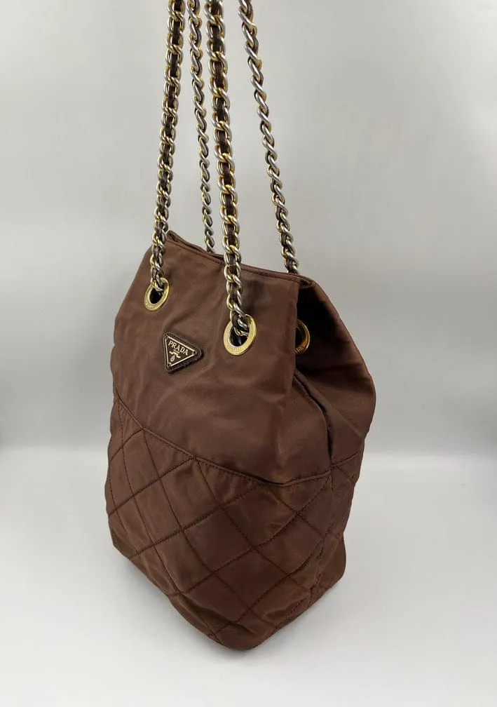 Prada Nylon Tote with Chain Handle - Brown