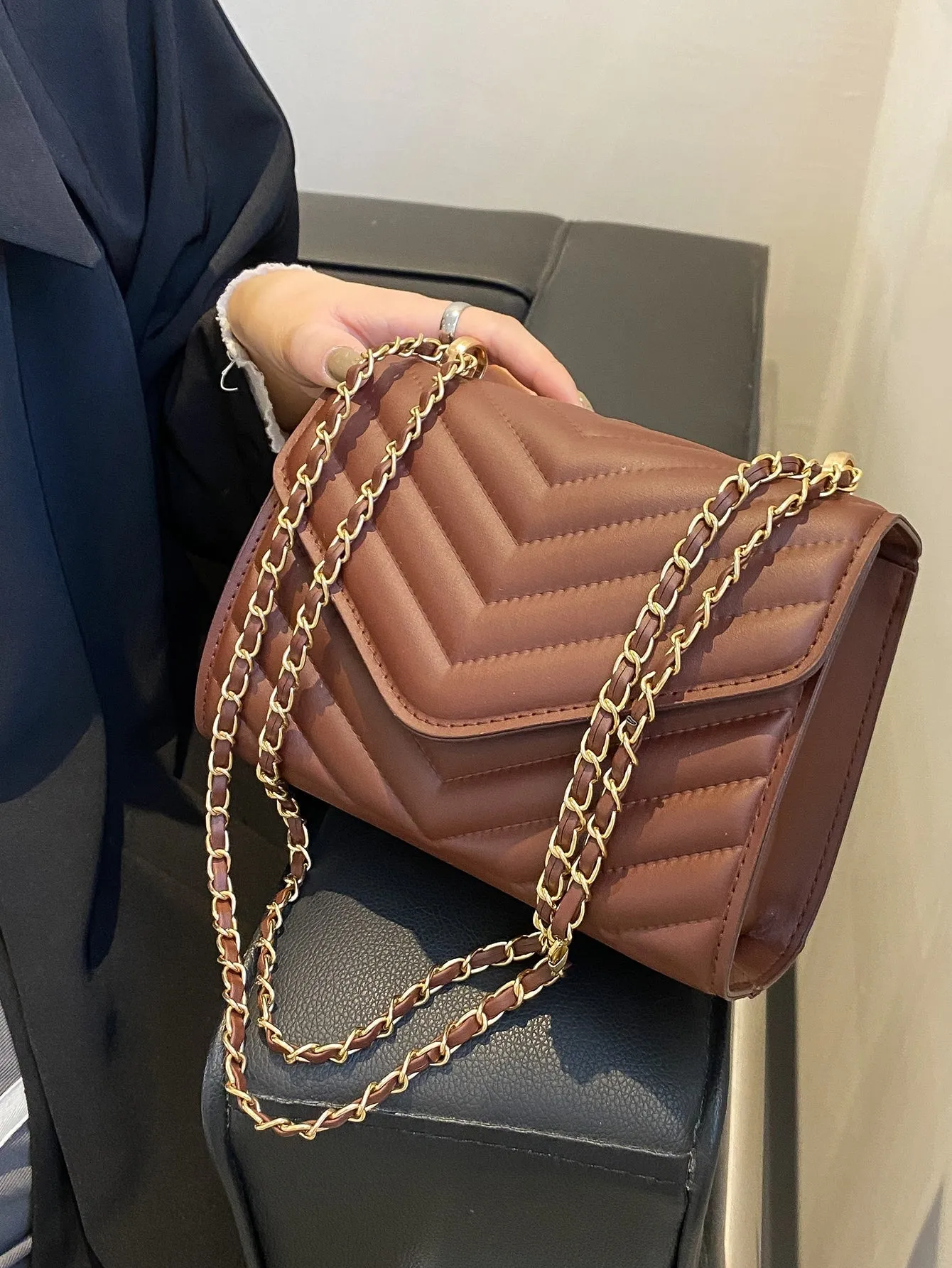 Quilted Pattern Flap Chain Square Bag - Coffee Brown
