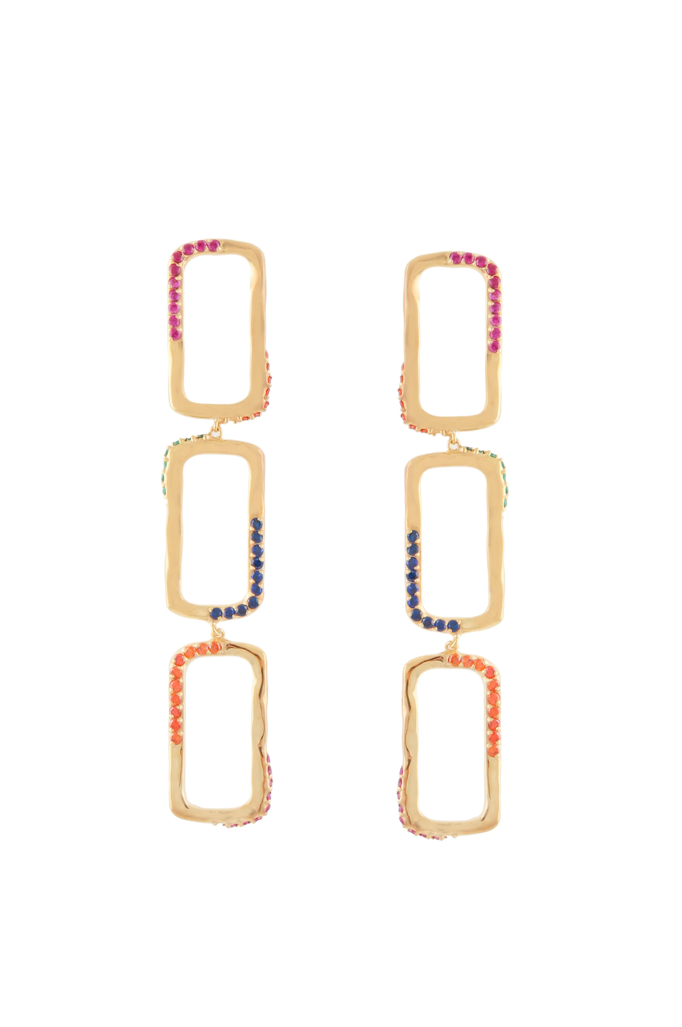 RECTANGLE WAVE CHAIN EARRINGS WITH MULTI COLORED STONES