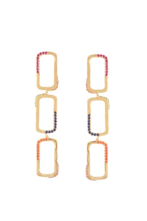 RECTANGLE WAVE CHAIN EARRINGS WITH MULTI COLORED STONES