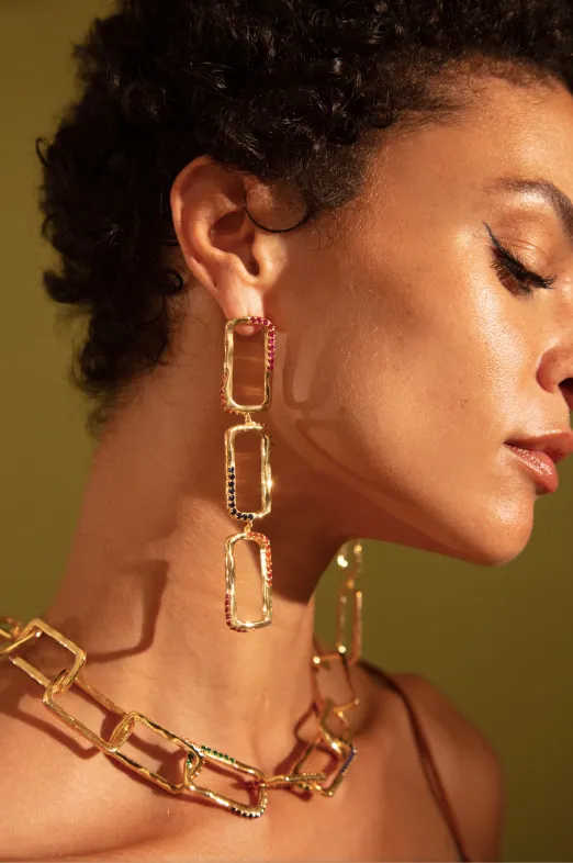 RECTANGLE WAVE CHAIN EARRINGS WITH MULTI COLORED STONES