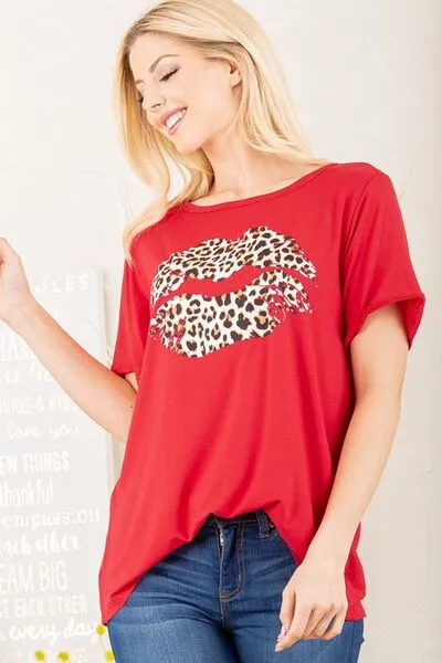 Red Leopard Lip Round Neck Short Sleeve T-Shirt Plus Size