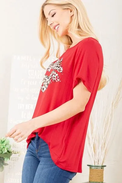 Red Leopard Lip Round Neck Short Sleeve T-Shirt Plus Size