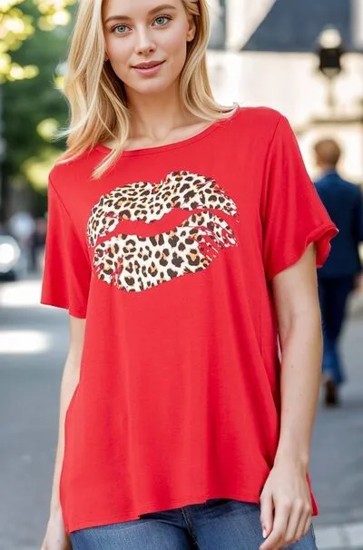 Red Leopard Lip Round Neck Short Sleeve T-Shirt Plus Size