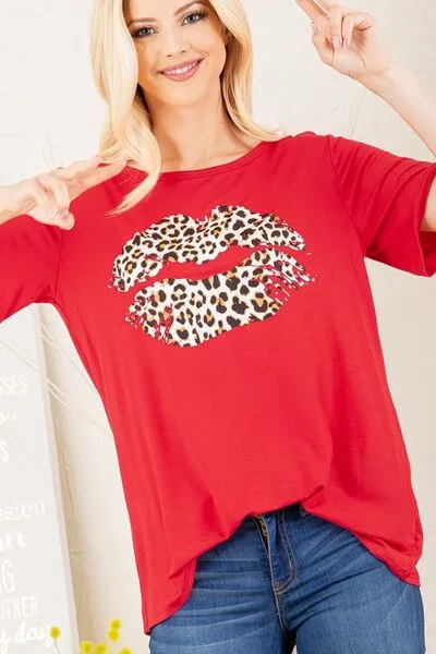 Red Leopard Lip Round Neck Short Sleeve T-Shirt Plus Size