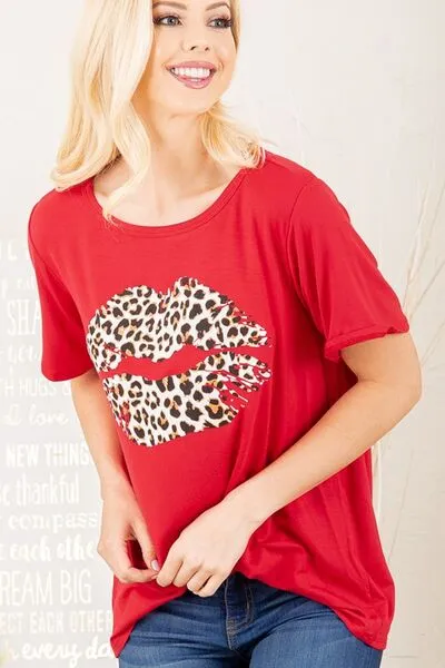 Red Leopard Lip Round Neck Short Sleeve T-Shirt Plus Size