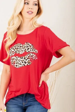 Red Leopard Lip Round Neck Short Sleeve T-Shirt Plus Size