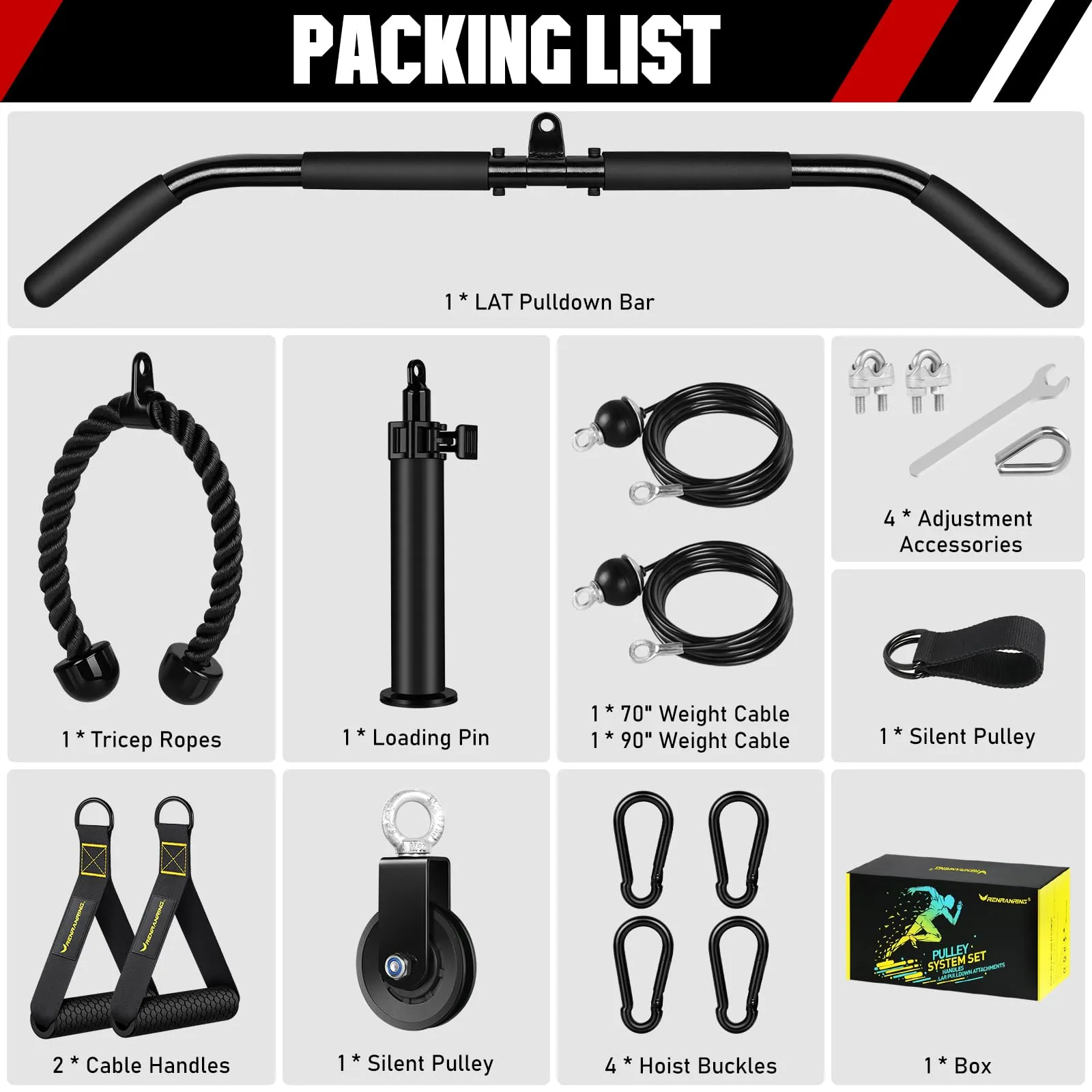 RENRANRING Fitness LAT and Lift Pulley System Gym - Upgraded LAT Pull Down Cable Machine Attachments, Loading Pin, Handle and Tricep Rope, for Biceps Curl, Forearm, Triceps Exercise Gym Equipment