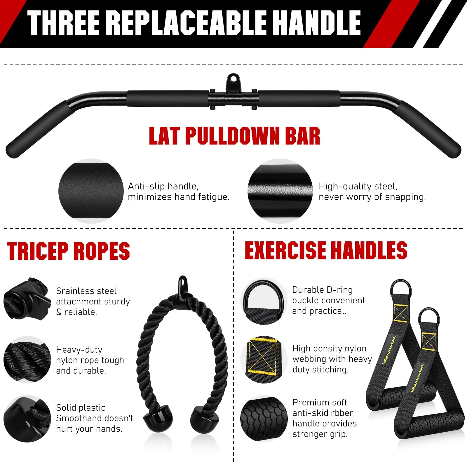 RENRANRING Fitness LAT and Lift Pulley System Gym - Upgraded LAT Pull Down Cable Machine Attachments, Loading Pin, Handle and Tricep Rope, for Biceps Curl, Forearm, Triceps Exercise Gym Equipment