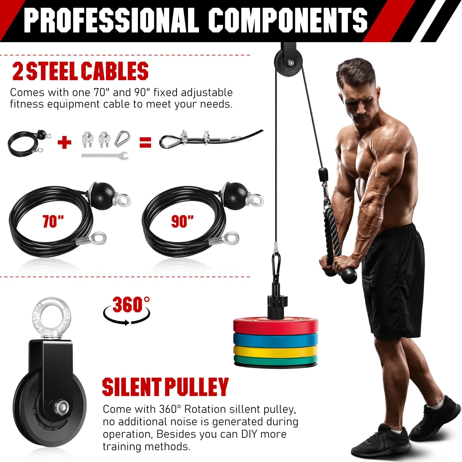 RENRANRING Fitness LAT and Lift Pulley System Gym - Upgraded LAT Pull Down Cable Machine Attachments, Loading Pin, Handle and Tricep Rope, for Biceps Curl, Forearm, Triceps Exercise Gym Equipment
