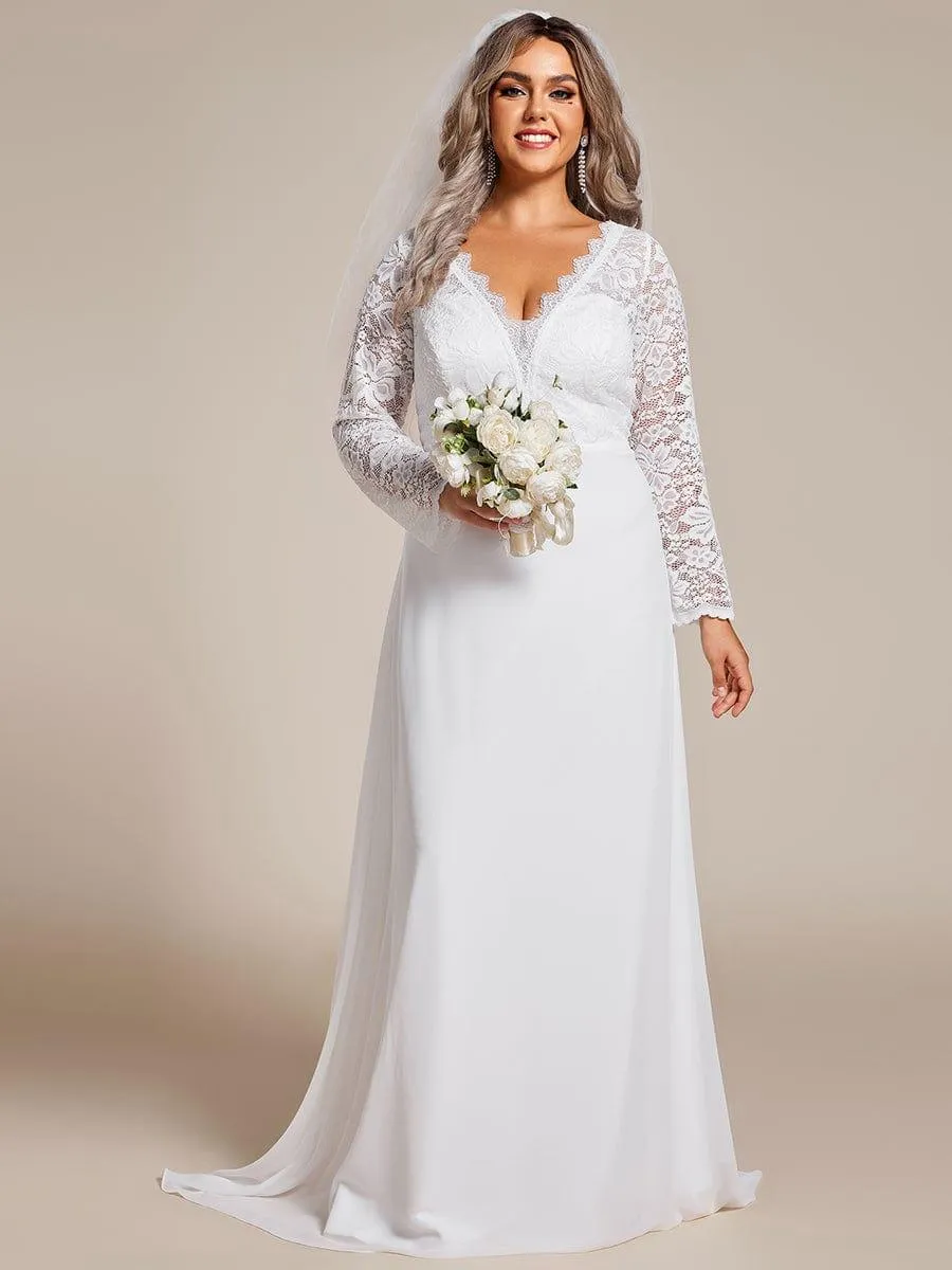 Robe de mariée trapèze à manches longues en mousseline de soie et dentelle élégante de grande taille
