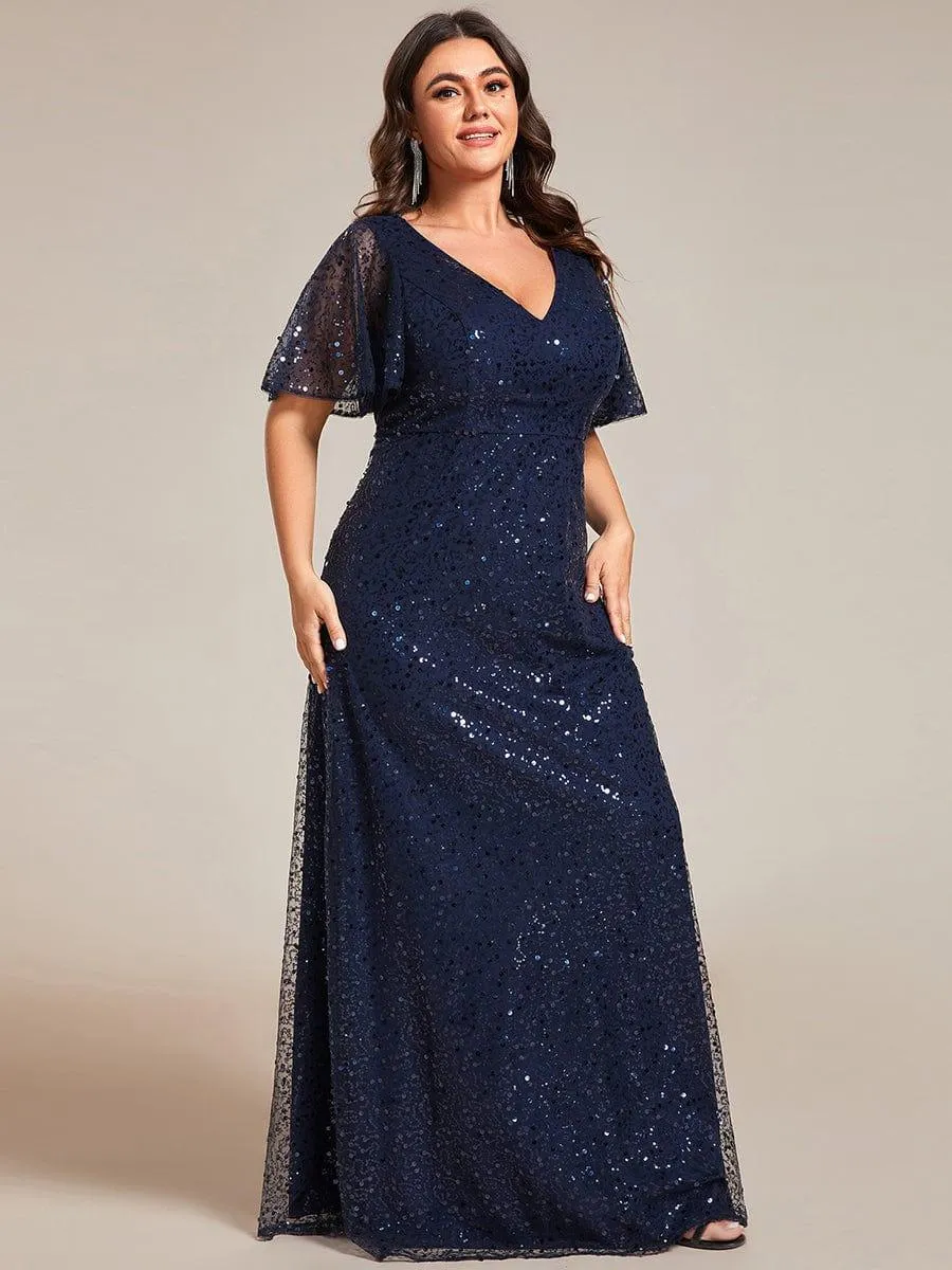 Robes de soirée trapèze pailletées à col en V de grande taille avec manches à volants