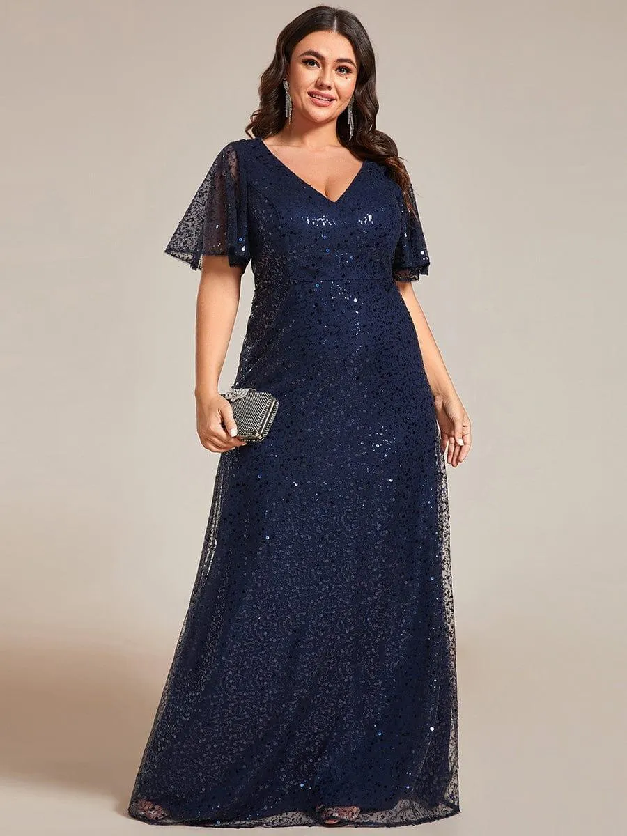 Robes de soirée trapèze pailletées à col en V de grande taille avec manches à volants