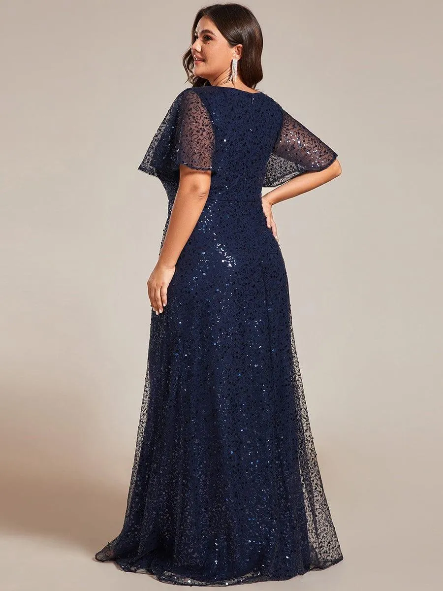 Robes de soirée trapèze pailletées à col en V de grande taille avec manches à volants