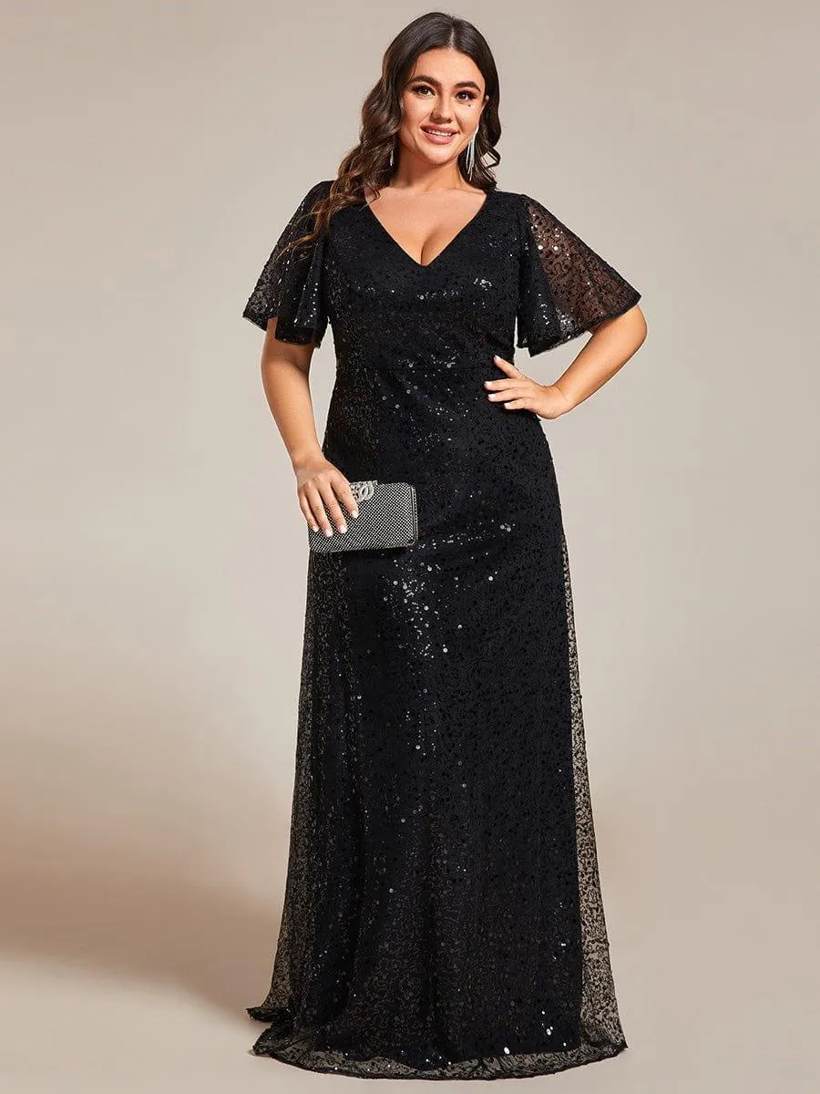 Robes de soirée trapèze pailletées à col en V de grande taille avec manches à volants
