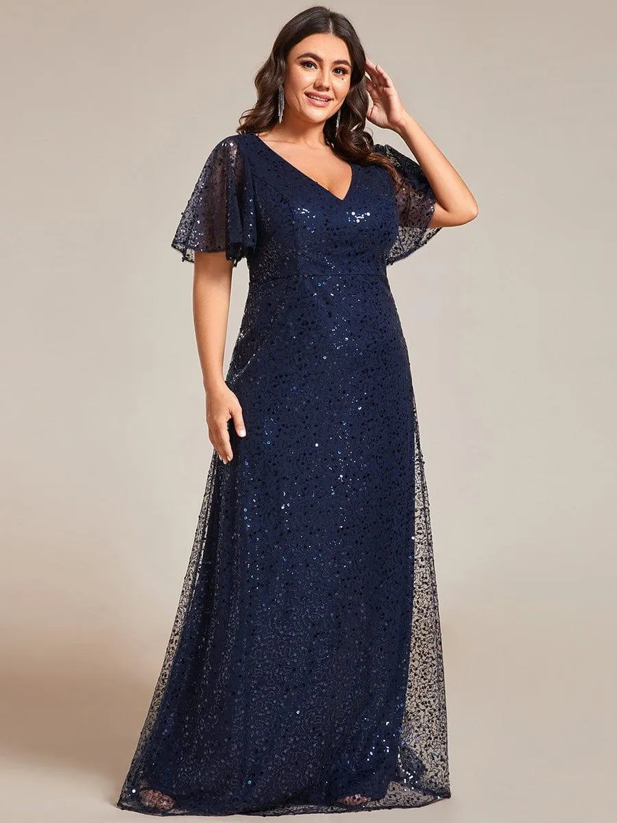 Robes de soirée trapèze pailletées à col en V de grande taille avec manches à volants