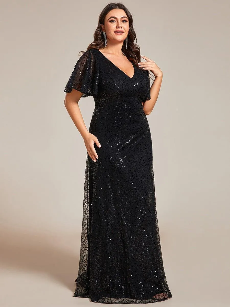 Robes de soirée trapèze pailletées à col en V de grande taille avec manches à volants