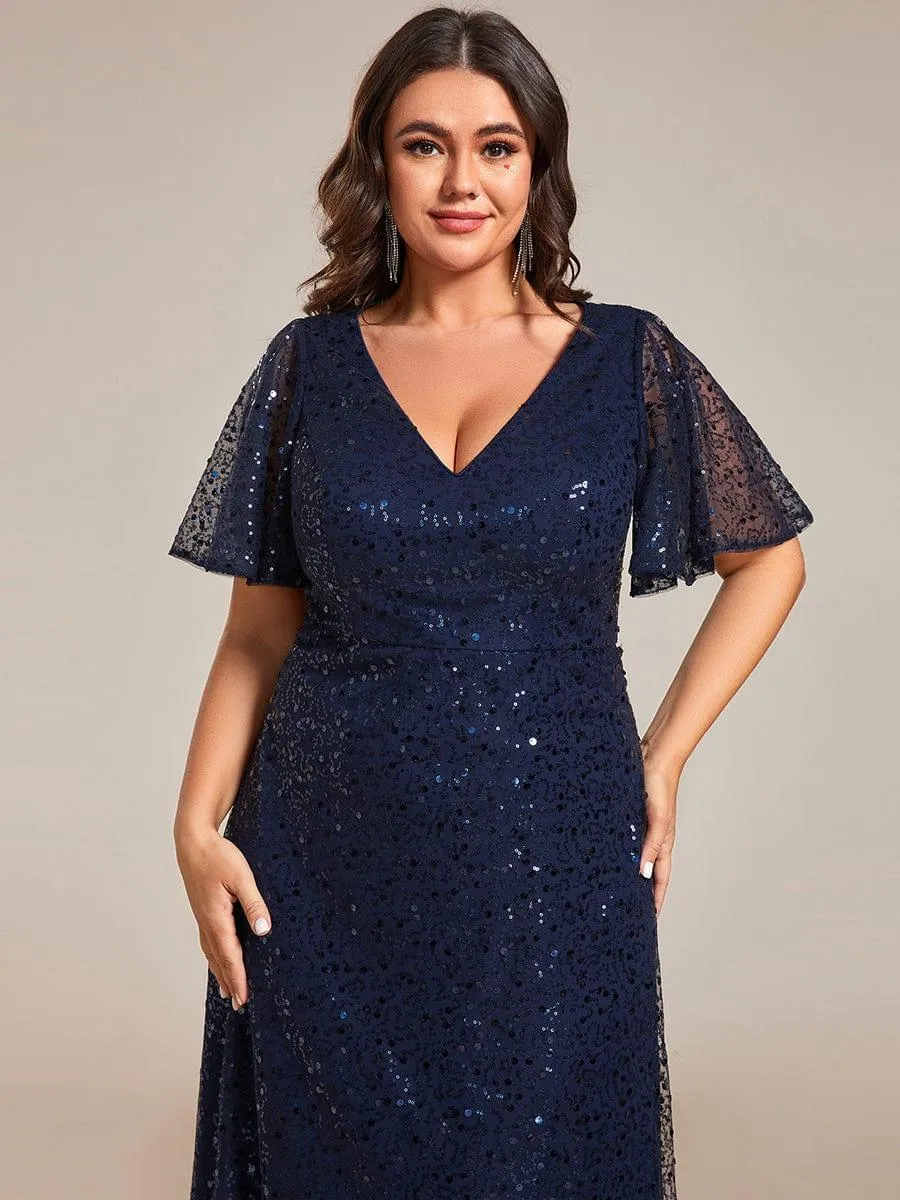 Robes de soirée trapèze pailletées à col en V de grande taille avec manches à volants