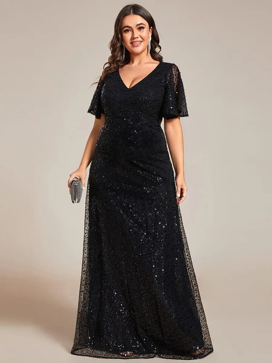 Robes de soirée trapèze pailletées à col en V de grande taille avec manches à volants