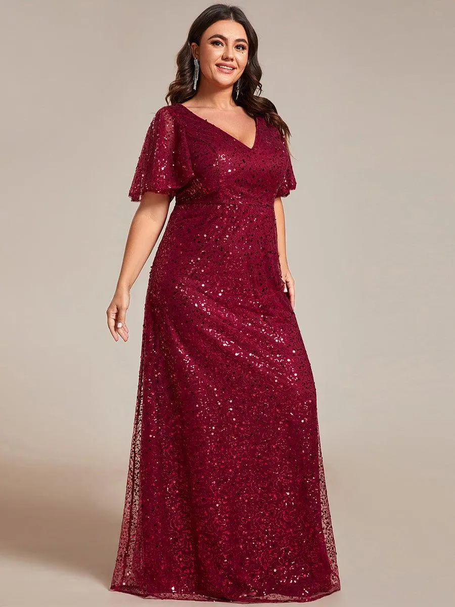 Robes de soirée trapèze pailletées à col en V de grande taille avec manches à volants