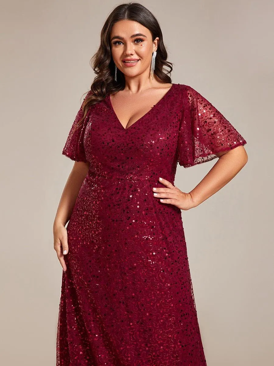 Robes de soirée trapèze pailletées à col en V de grande taille avec manches à volants