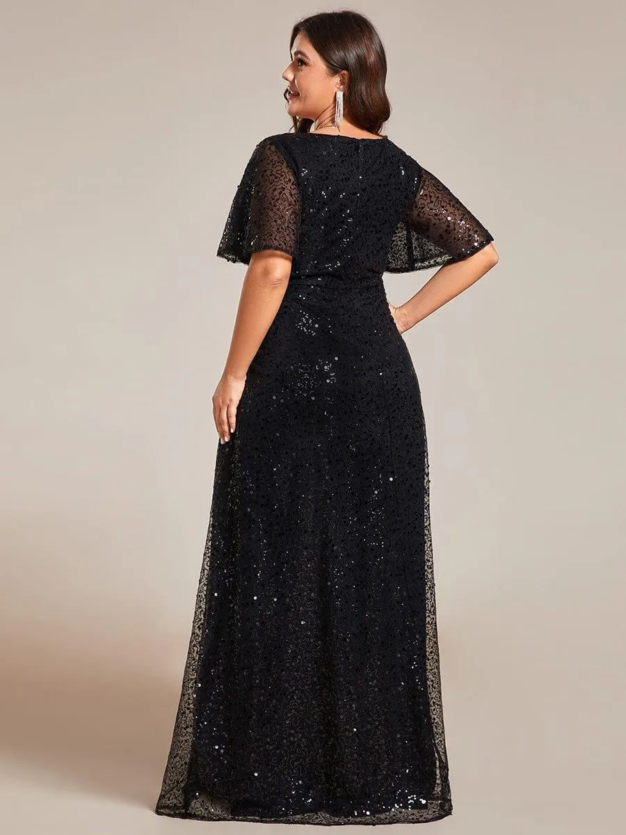 Robes de soirée trapèze pailletées à col en V de grande taille avec manches à volants
